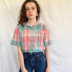 Vintage 80s Plaid Pastel Pink Short Sleeve Blouse